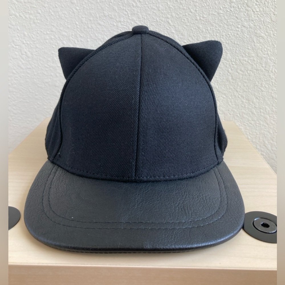 H&M Divided Black MEOW Cat Ear Cap Faux Leather Bill Adjustable